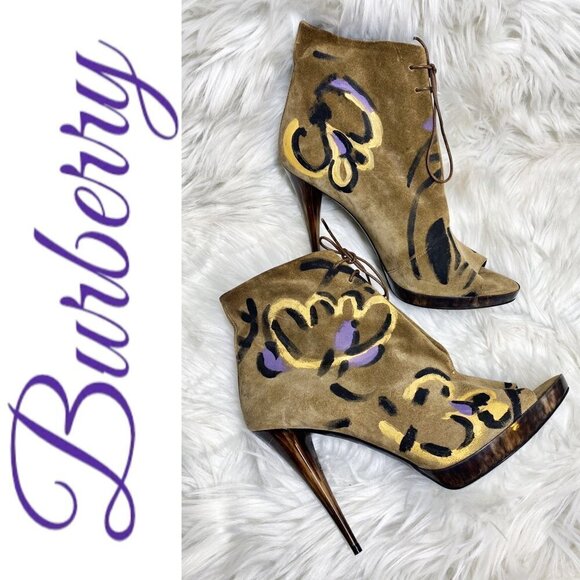 BURBERRY Suede Floral Hand Painted Peep Toe Stiletto Platform Ankle Bootie, Size - Picture 5 of 12